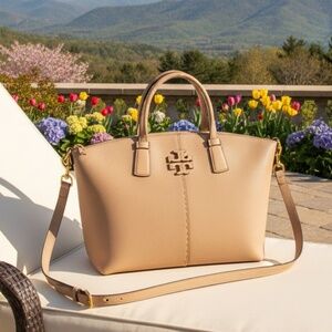 Tory Burch McGraw Top Zip Beige Devon Sand Pebbled Leather Satchel/Crossbody Bag